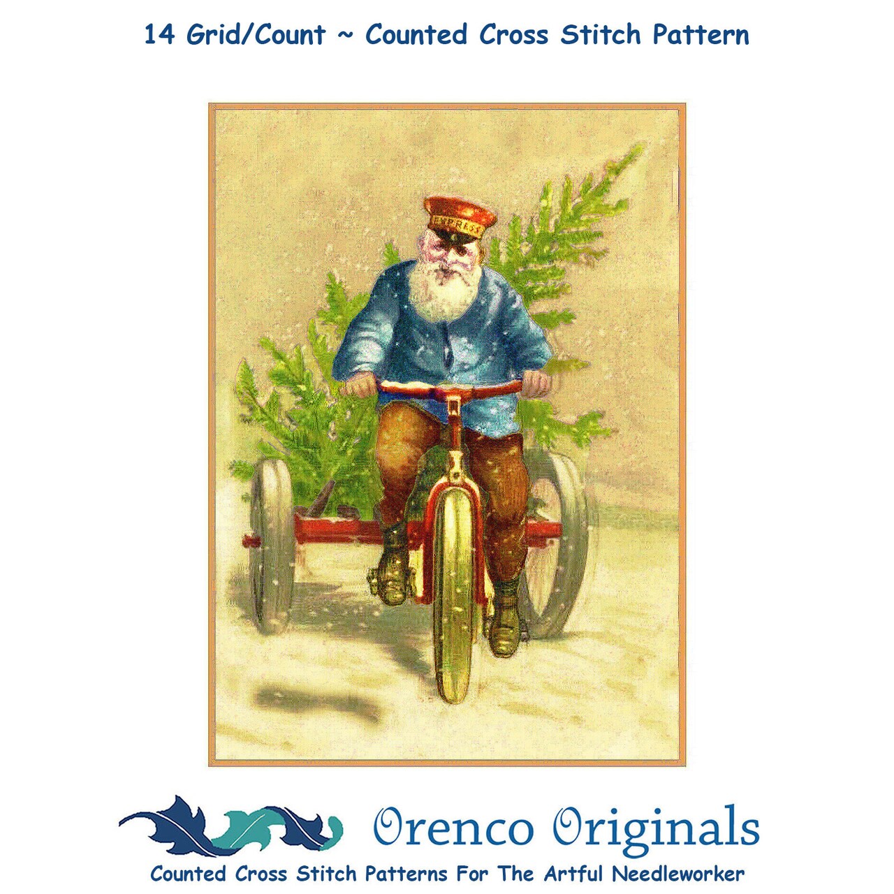 Santa Claus Delivering Tree on Bicycle Counted Cross Stitch Pattern